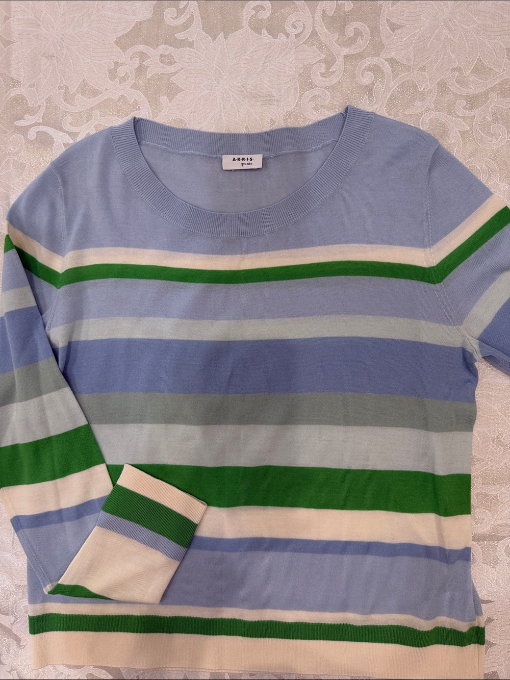 Akris Punto Women’s Pastel Blue Crewneck with Green & Cream Stripes